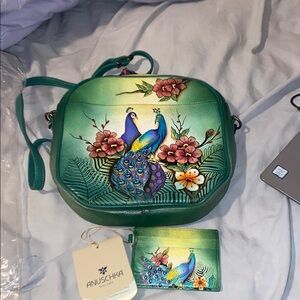 Anuschka Green Hand-Painted Crossbody Bag with Peacock Design